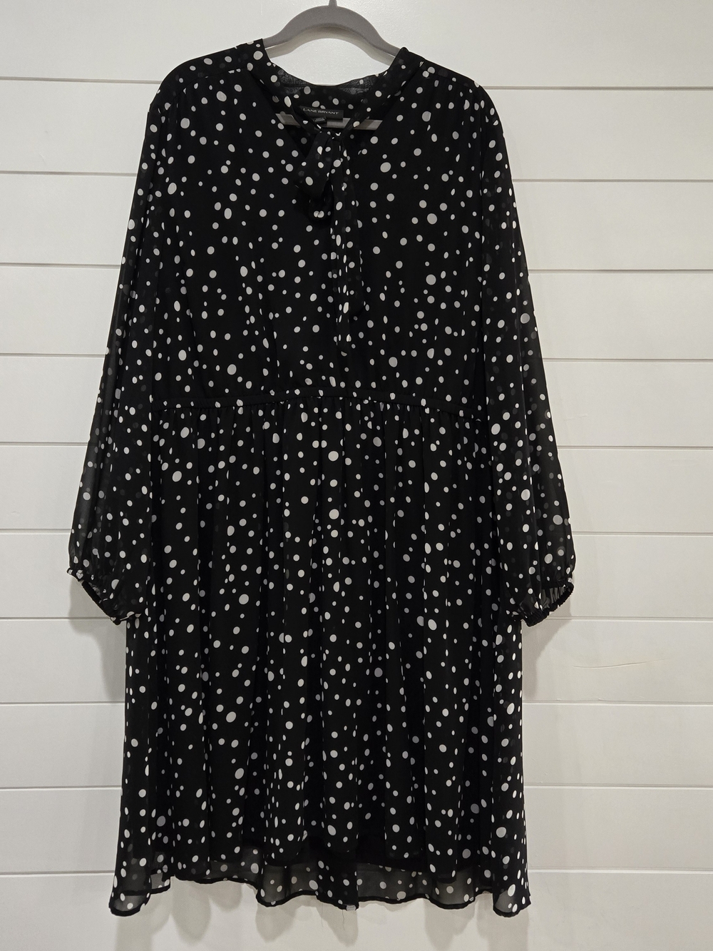 Lane Bryant Black White Polka Dot A-Line Dress Plus Size 22 Lined Ties At Neck